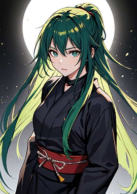 Anime Girl in Kimono under Moonlight