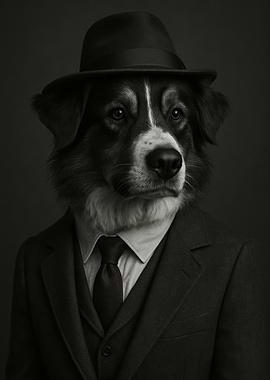 Dog in Suit and Hat Portrait - Australian Shepherd Dog in Suit and Hat