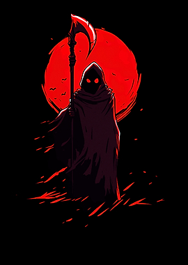 Grim Reaper Silhouette with Red Moon