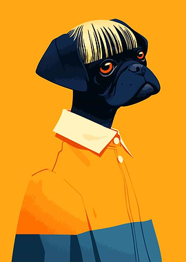 Pug with Blonde Bangs Funny Cute Surreal Minimalist Art Illustration