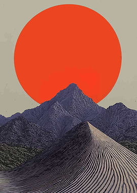 Mountain Landscape with Red Sun
