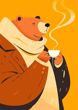 Autumn Coffee Bear Cute Minimalist Pop Art Illustration