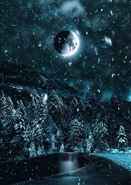 Winter Night Landscape with Moon