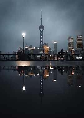 Shanghai Skyline Reflection at Night