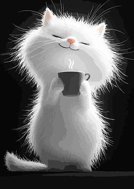White Cat with Coffee Cup