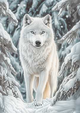 White Wolf in Winter Forest