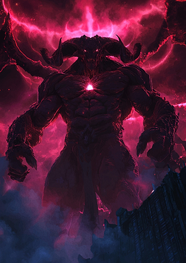 Red Demon with Horns and Glowing Chest