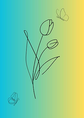 Minimalist Tulips and Butterflies Line Art