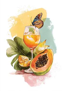 Tropical Drink with Butterfly Watercolor