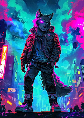 Cyberpunk Wolf in Cityscape