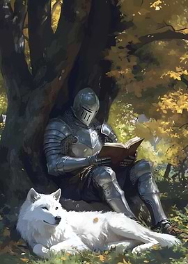 Knight Reading with Wolf Companion