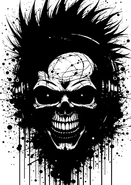 Skull with Headphones Black and White