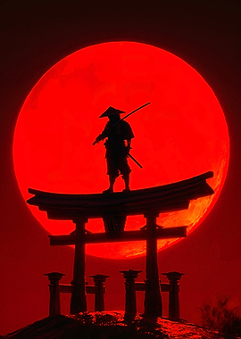Silhouette of a Samurai with Red Moon