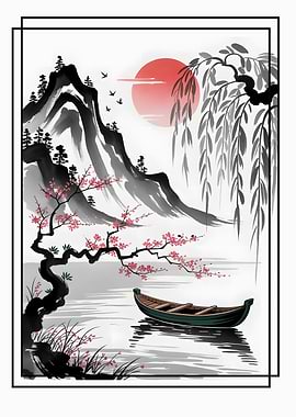 Japanese Landscape with Boat and Cherry Blossoms