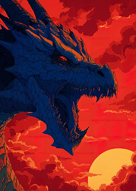 Blue Dragon Roaring in Red Sky