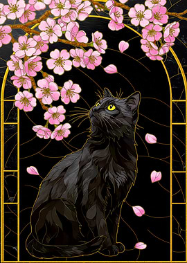 Black Cat and Cherry Blossoms Art
