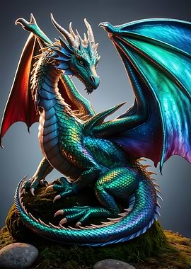 Majestic iridescent dragon on mossy rock