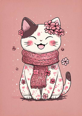 Cute Cat with Flowers and Scarf