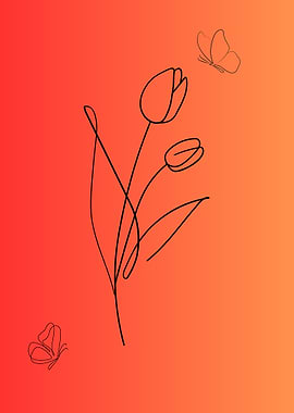 Tulips and Butterflies Line Art