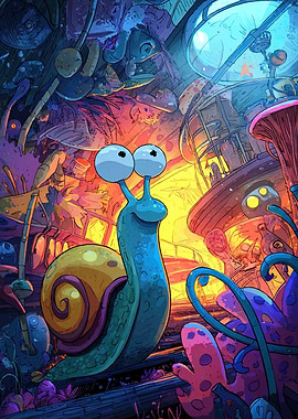 Cartoon Snail in a Fantasy Landscape