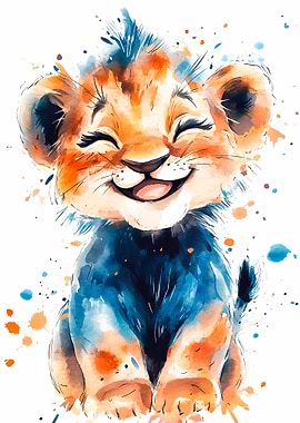 Watercolor Smiling Lion Cub