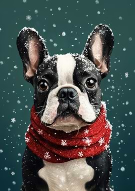 Boston Terrier in Christmas Outfit | Festive Dog Wall Art