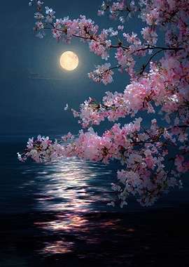 Cherry Blossoms Under Moonlight