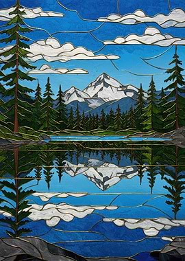Mountain Lake Stained Glass Landscape