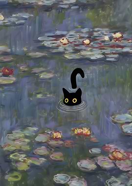 Black Cat in Monet's Water Lilies