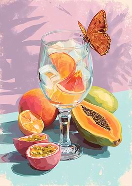 Tropical Fruit Still Life with Butterfly