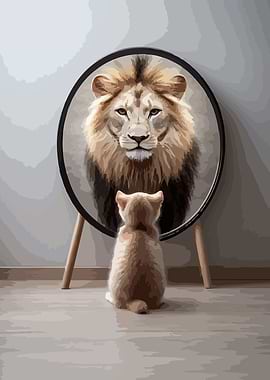Cat looking at lion in mirror