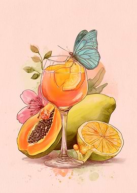 Tropical Cocktail with Butterfly Illustration