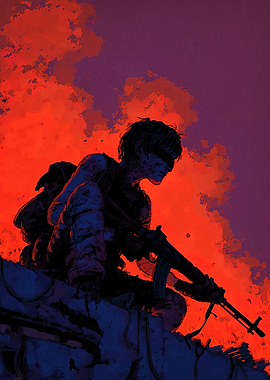 Soldier with Rifle in Fiery Landscape