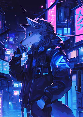 Cyberpunk Wolf in Neon Cityscape