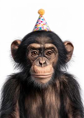 Chimpanzee with Party Hat Portrait