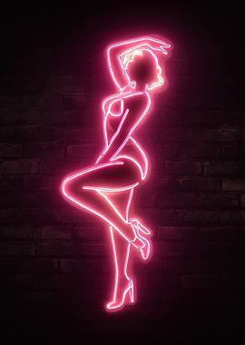 Neon Woman Silhouette on Brick Wall