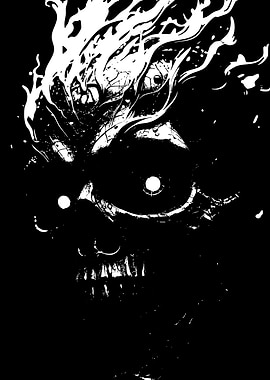 Monochrome Skull with Fiery Hair