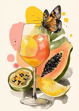Tropical Drink with Butterfly Watercolor
