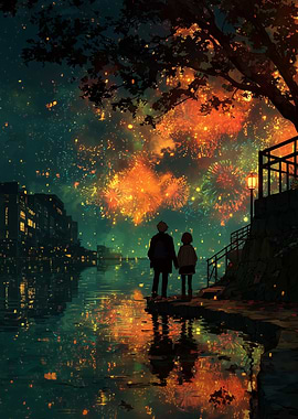 Couple watching fireworks over water