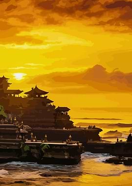 Golden Sunset over Asian Temple