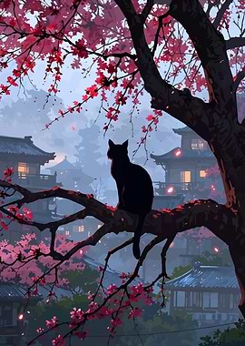 Black Cat in Cherry Blossom Tree