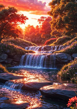 Enchanted Forest Waterfall at Sunset
