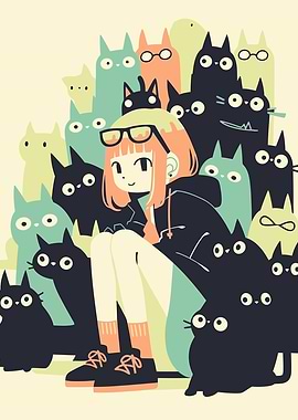 Girl surrounded by cats illustration