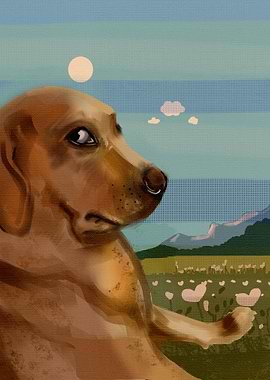 Judging Dog in a Dreamy Landscape