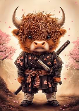 Highland Cow Samurai with Cherry Blossoms