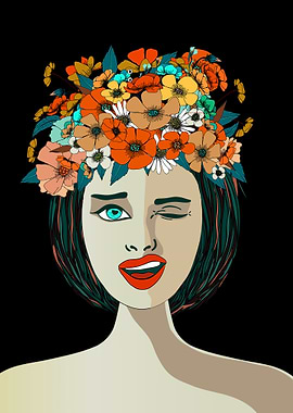 Winking Woman with Floral Crown Illustration