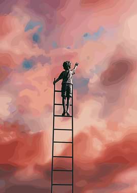 Boy on Ladder Reaching for Sky