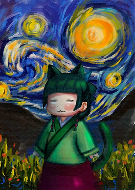 Cat-eared girl in Starry Night style