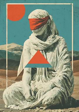 Blindfolded Statue in Desert Landscape