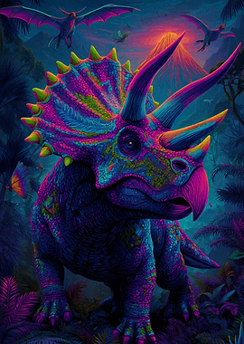 Colorful Triceratops in Prehistoric Landscape